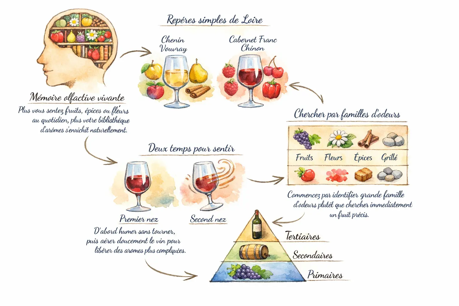 Infographie expliquant comment utiliser mémoire olfactive et familles d’arômes pour sentir un vin de Loire.