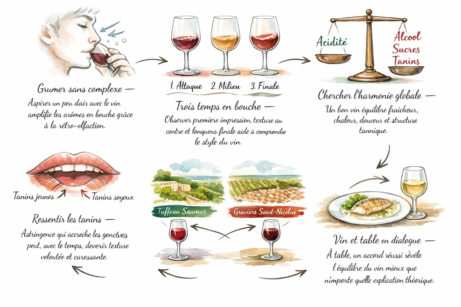 Infographie montrant grumer, les étapes en bouche, l’équilibre, le terroir et les accords mets-vins en Loire.