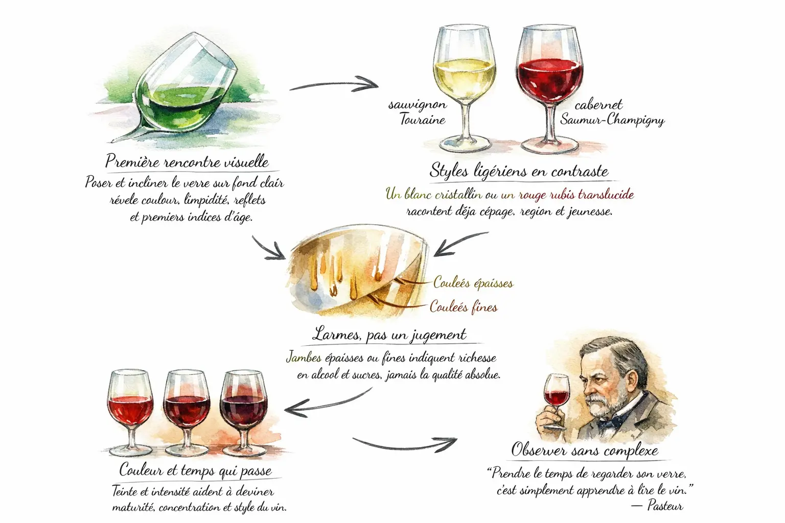Infographie illustrant comment observer la robe d’un vin de Loire et lire ses indices visuels.